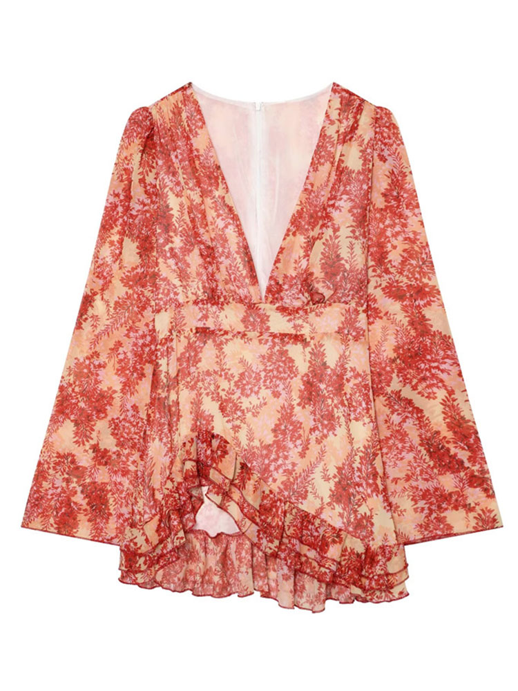 Nouvelle Arrivée 2026 – Robe Courte Bohème Femme Imprimé Floral Rouge et Jaune Coucher de Soleil, Sexy, Décolleté Plongeant en V, Taille Nouée, Manches Cloche Évasées Longues