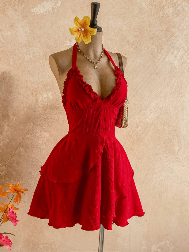 Robes d'été sans manches pour femmes, robe licou dos nu à lacets, mini-robe pour femmes, Vestidos De Verano Mujer