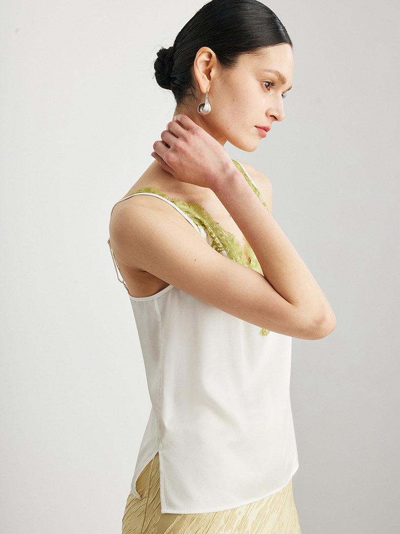 SuyaDream. Camisoles en soie pour femmes, 90% soie véritable, col en V en dentelle, t-shirt chic sans manches, haut confortable printemps-été 2026, blanc, noir