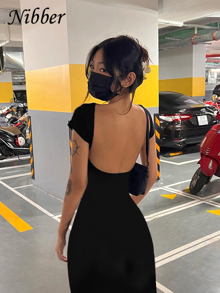 Nibber-Robe longue à manches courtes et dos nu pour femme, vêtement de couleur unie, sexy, élégant, élastique, slim, streetwear