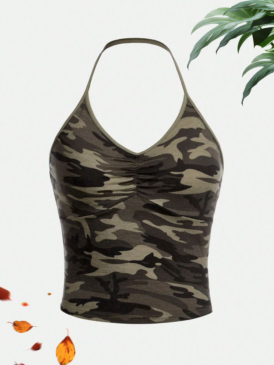 Haut court à imprimé camouflage pour femme, décontracté, col en V, froncé, sans manches, style camisole