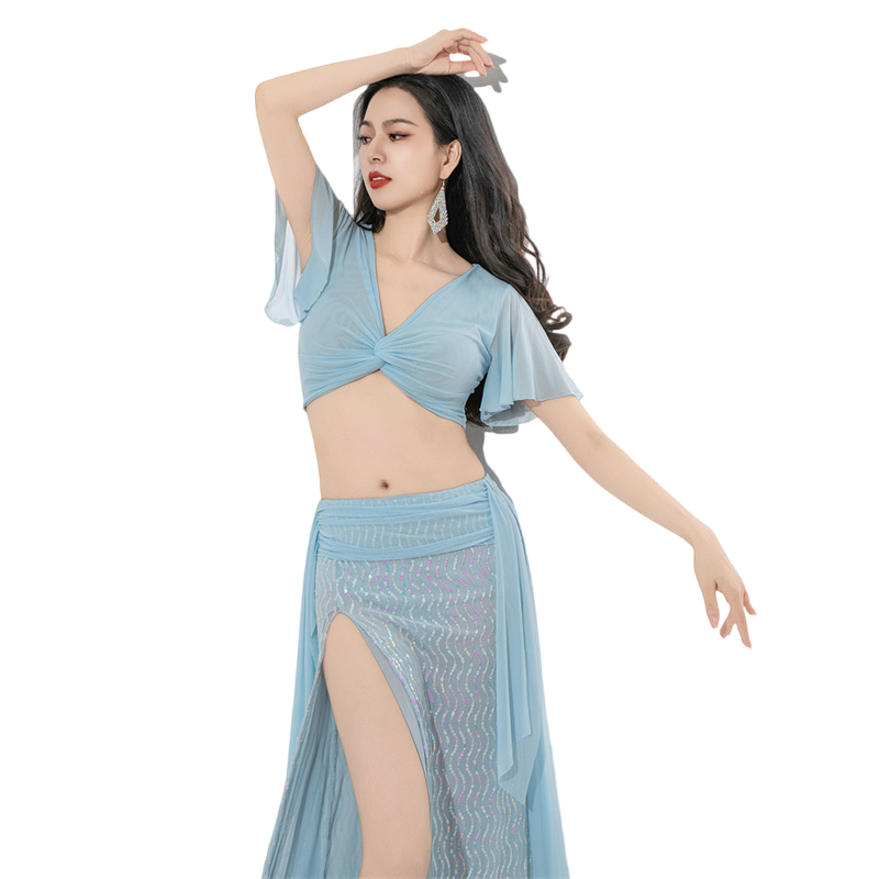 Ensemble de costumes de danse du ventre pour femmes, 2 pièces, jupe de danse orientale à paillettes, tenue Sexy fendue sur le côté, à volants, manches courtes, vêtements d'entraînement, 2025