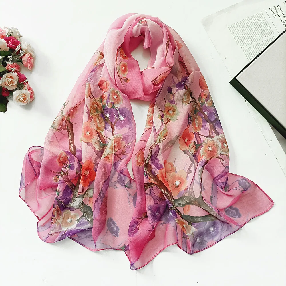 Injplanchers ves-Foulard en mousseline de soie pour femme, châle fin, hijab, imprimé floral, bandana, protection solaire, long cou
