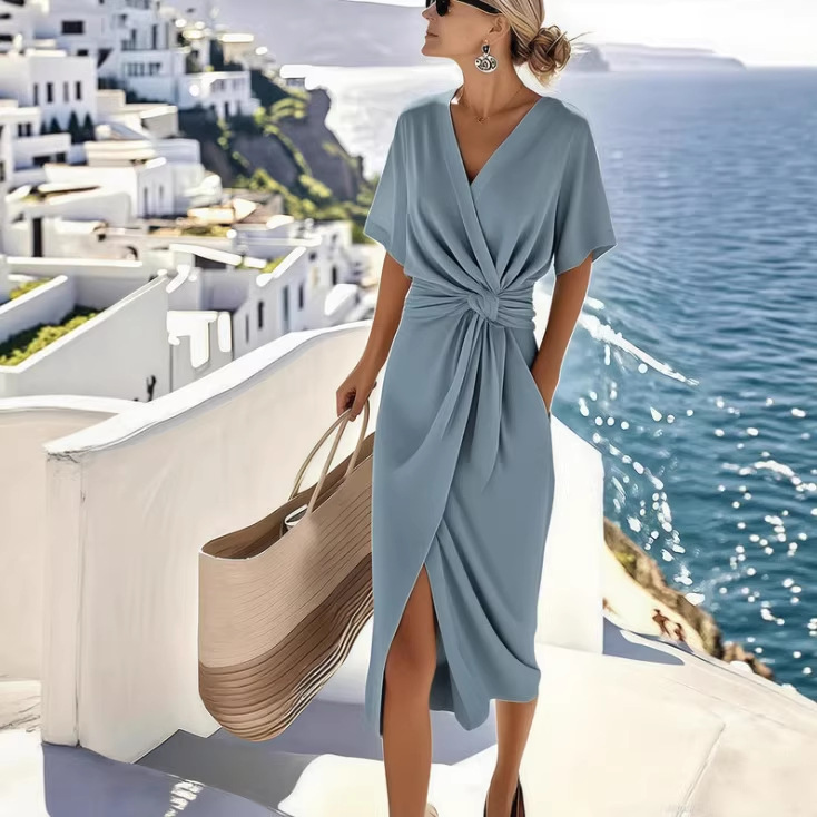 Robes pour femmes 2026 nouvelle mode couleur unie enroulée à lacets col en V fendue nouée mi-mollet vêtements pour femmes vestidos