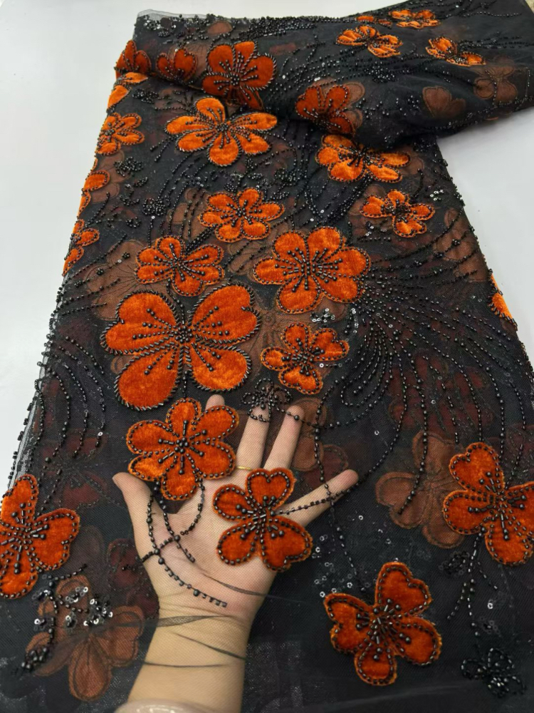 Robe de mariée française en dentelle à fleurs 3D, tissu africain nigérian en dentelle brodée de paillettes perlées pour fête de mariage A1080