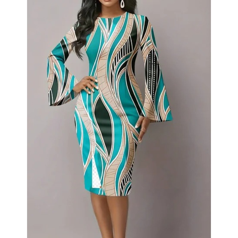 Robe moulante élégante pour femme, motif géométrique turquoise, manches longues, robe midi avec poignets évasés, coupe ajustée, robe de cocktail, robe de dîner