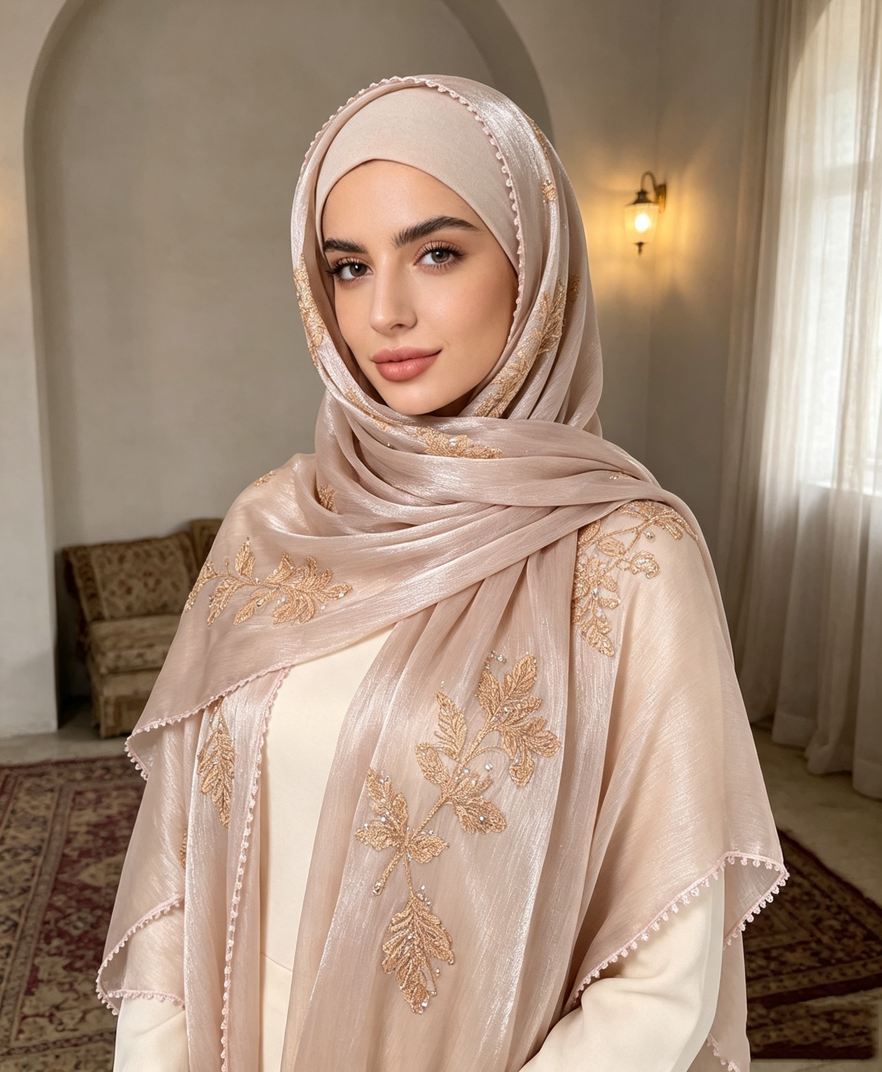 Hijab Modeste en Organza Pailleté avec Broderie Papillon et Bordure de Paillettes, Foulard Musulman, Châle de Mariage pour le Ramadan