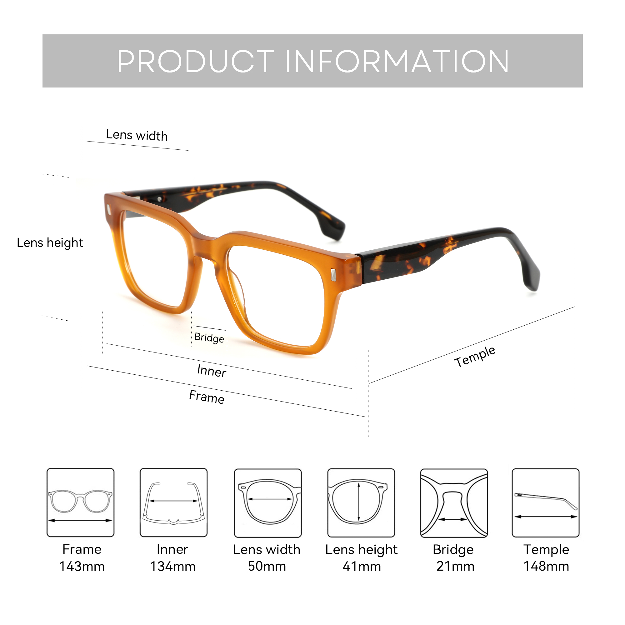ZENOTTIC Montures optiques carrées élégantes en acétate faites à la main pour lunettes pour hommes