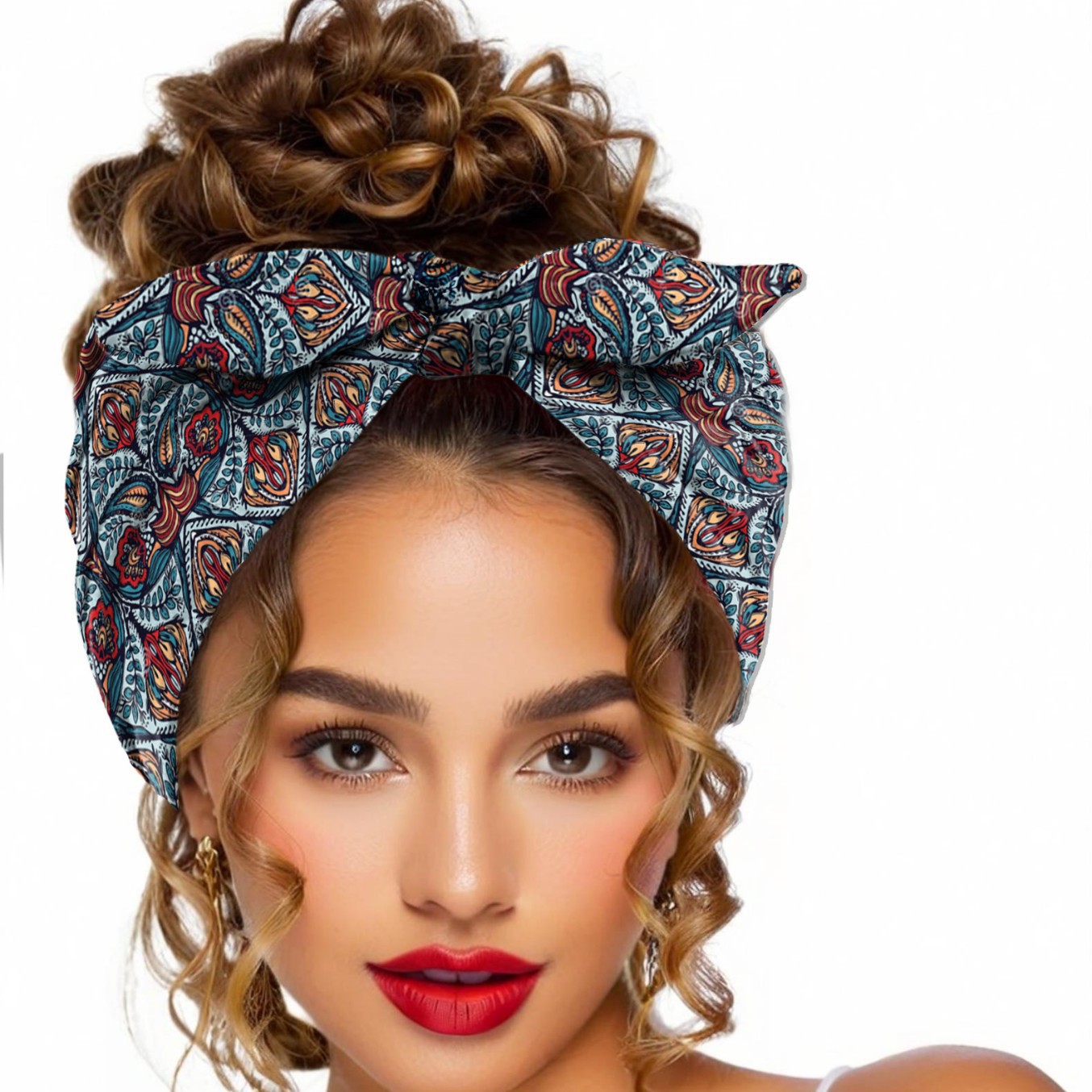 Serre-tête élastique imprimé style bohème avec nœud frontal et oreilles de lapin