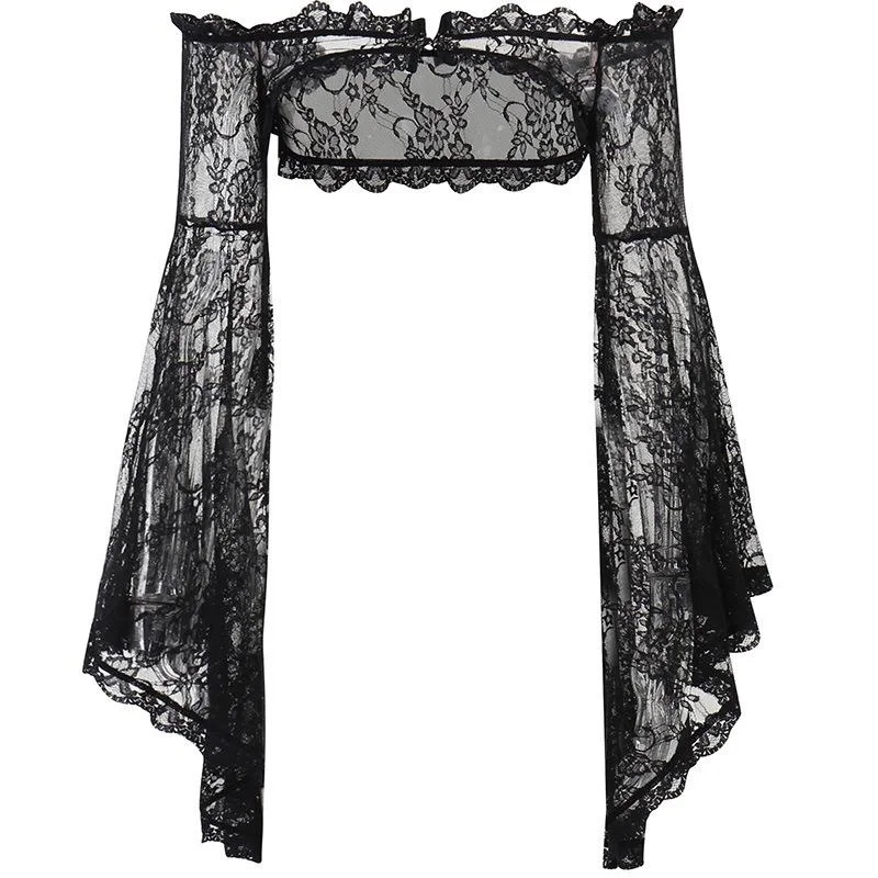 Couvertures de haussement d'épaules superposées à manches longues évasées pour femmes, dentelle gothique foncée vintage, One Initiated Grunge Aesthetic Black, Y-for Egirl
