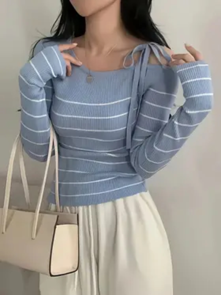 T-Shirt élégant à épaules dénudées pour femme, pull à rayures noires et blanches avec lacets réglables, haut Chic et décontracté, nouvelle collection automne hiver 2026