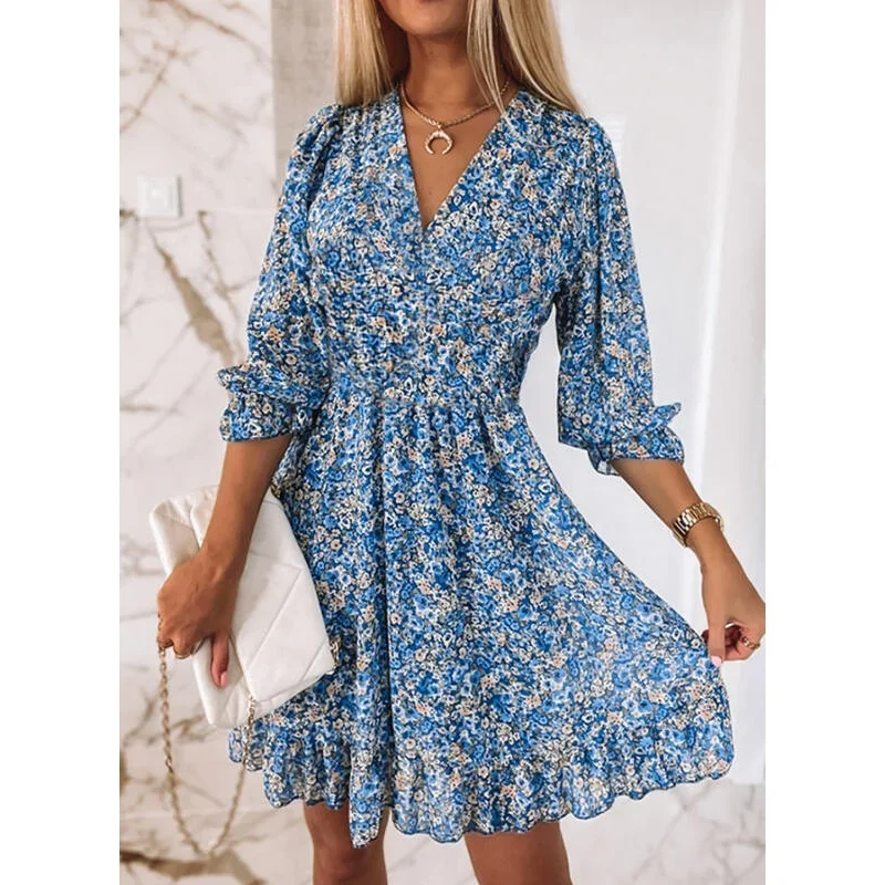 Robe florale d'été pour femmes, jupe mi-longue décontractée, serrer la taille, pull imprimé, manches courtes, style bohémien, robes lumineuses