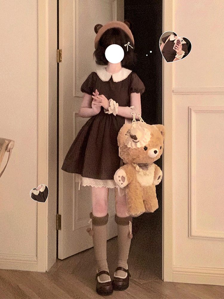 Robe Courte Femme Vintage Japonaise Marron à Carreaux Col Peter Pan Manches Bouffantes avec Dentelle et Taille Cintrée Tenue d'Été Campus Nouveauté 2026