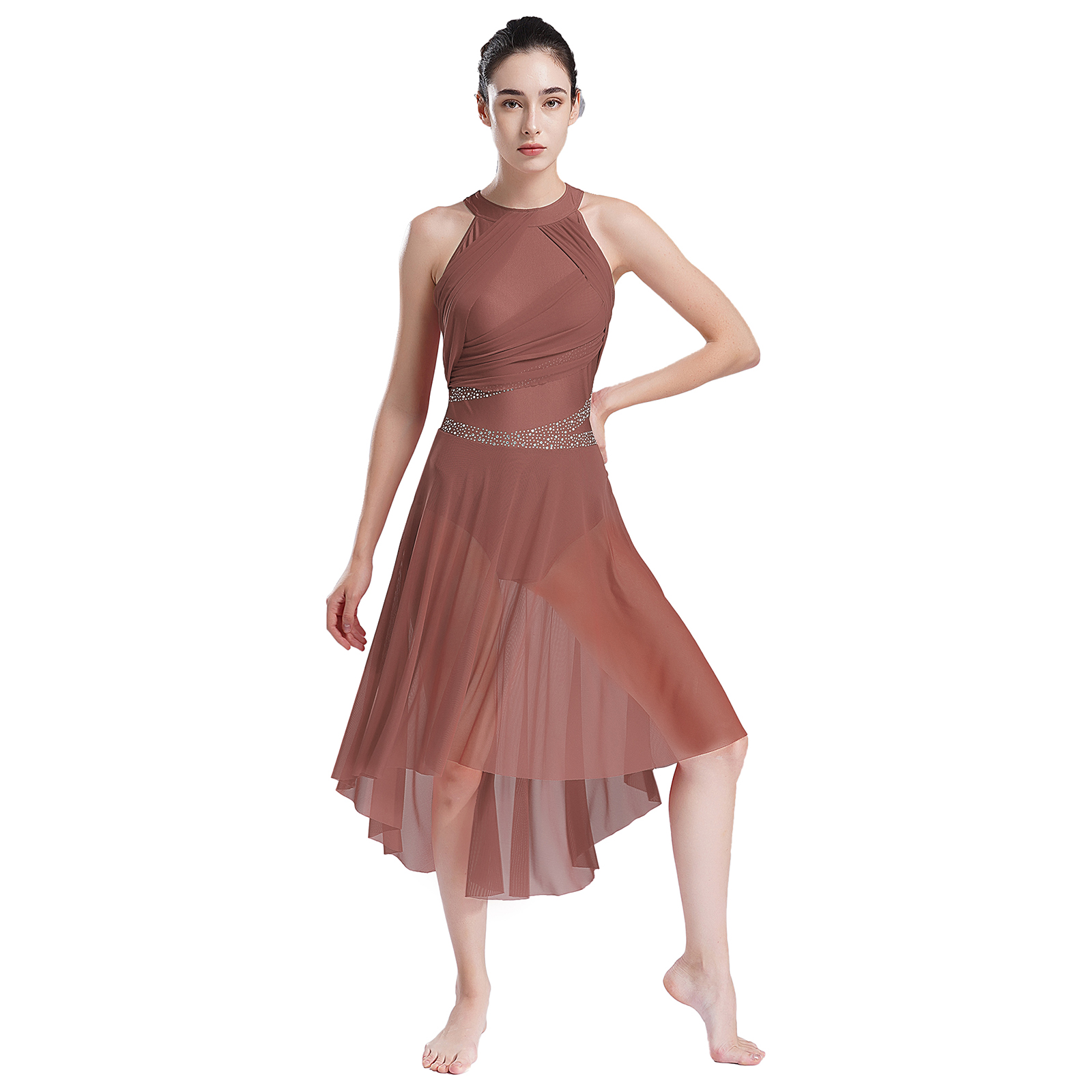 Robe de danse lyrique et contemporaine pour femme, col halter, en maille, justaucorps de gymnastique, ornée de strass, froncée, pour spectacle