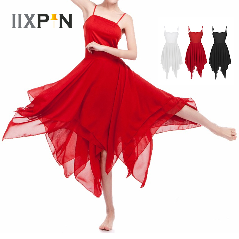 Robe de Ballet pour femmes, robe de gymnastique de ballerine, pour adultes, bretelles Spaghetti, sans manches, asymétrique, en mousseline de soie, robe de danse contemporaine