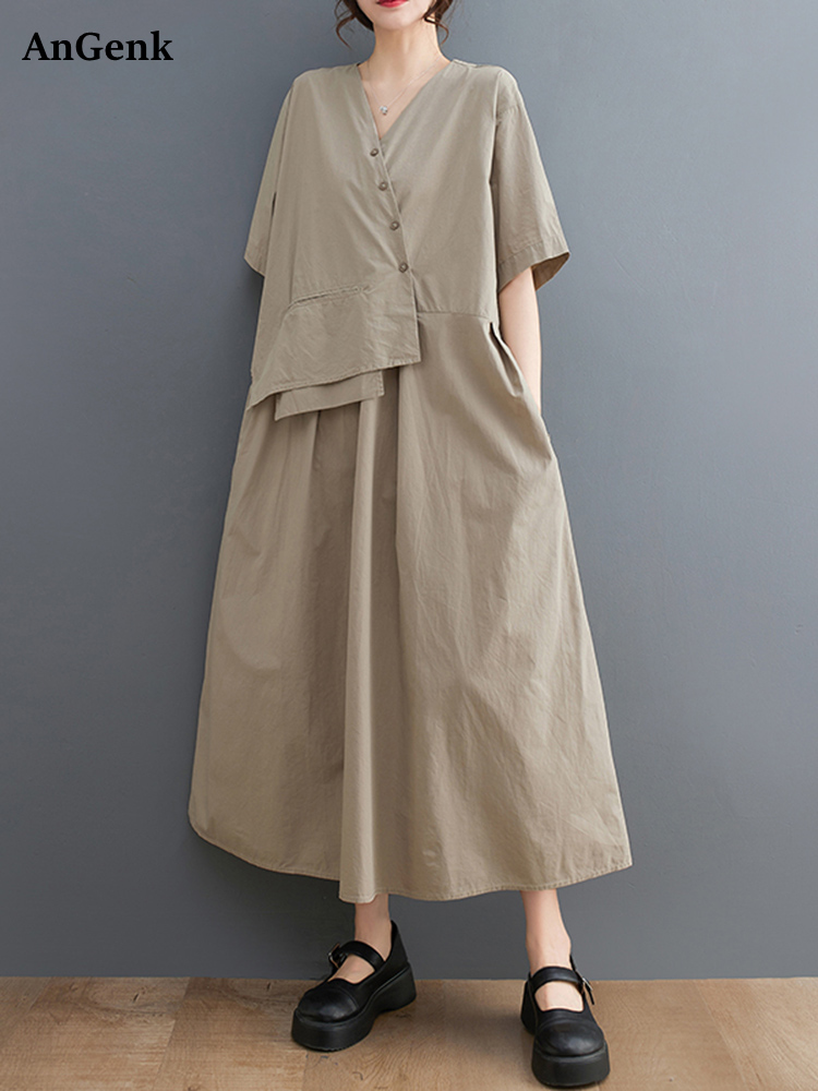 Robe longue décontractée kaki vintage patchwork à manches courtes pour femme, style coréen, nouvelle collection été, vêtements élégants 2026