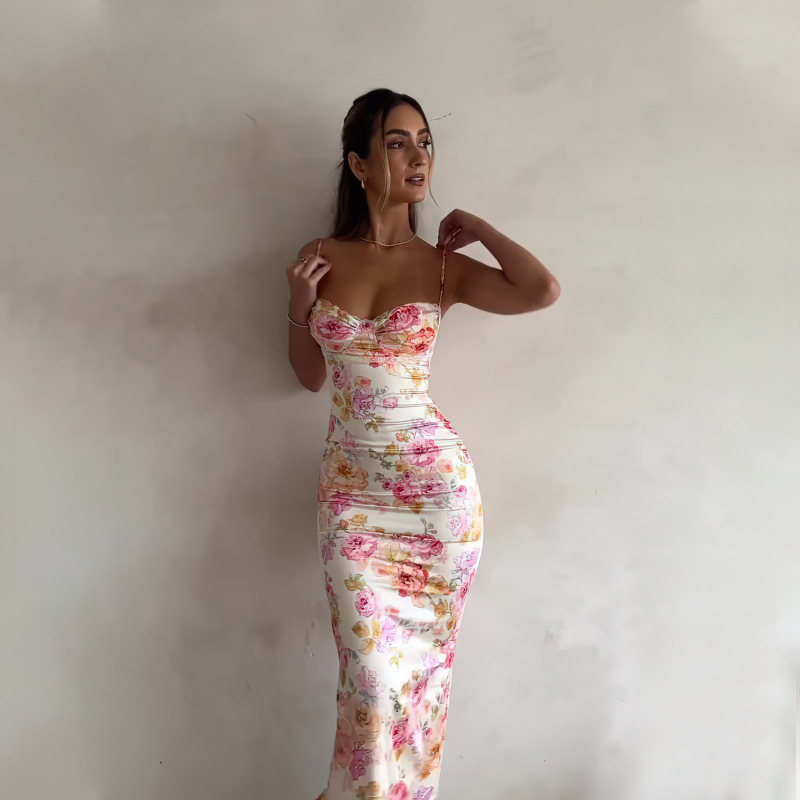 Robe longue à imprimé floral français, robe sexy sans bretelles pour femmes, robe d'été, tenue de plage, streetwear, tenue de vacances