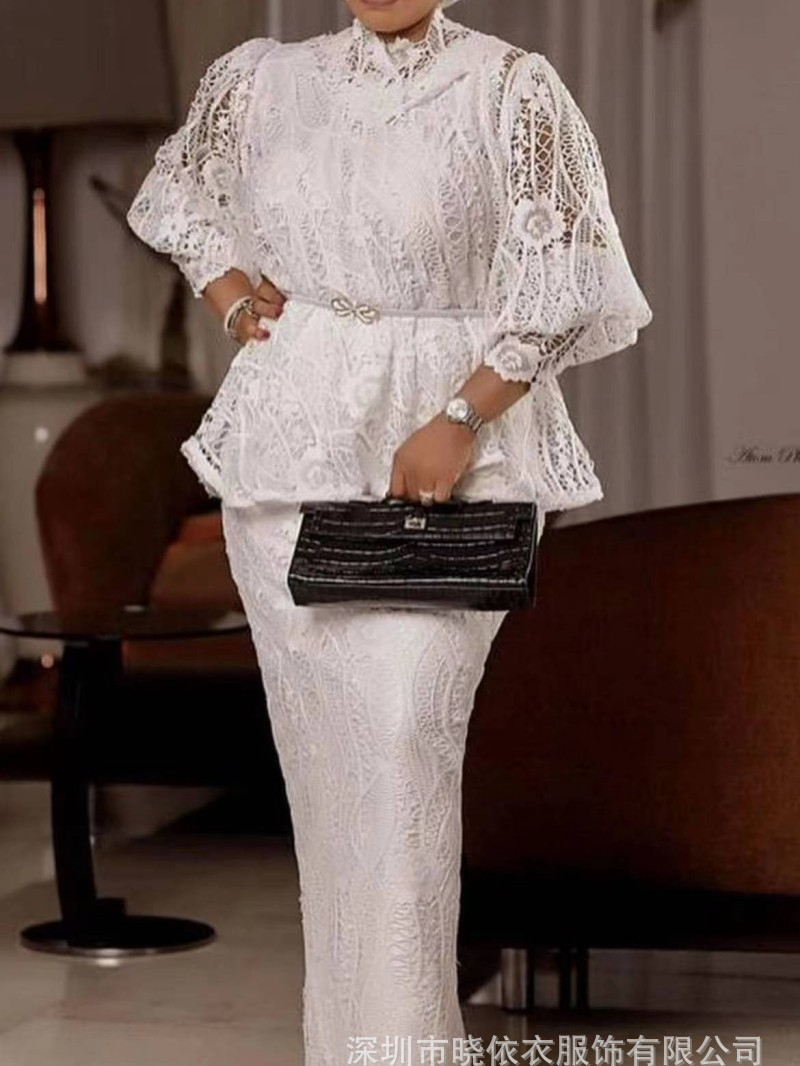 Ensemble jupe deux pièces pour femmes, robe à manches bouffantes, hauts en dentelle florale, taille haute, Streetwear Y2k, jupes longues élégantes pour mariage