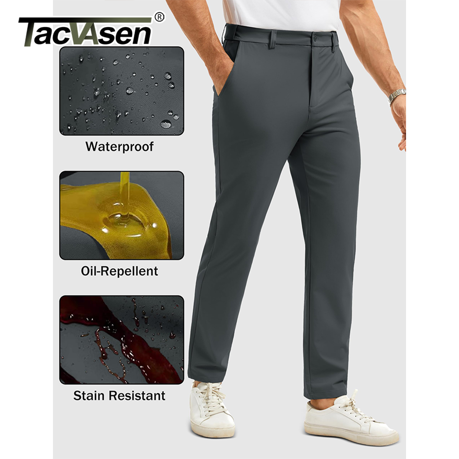 TACVASEN Pantalon décontracté pour homme, jambes droites, devant plat, imperméable, taille extensible, pour golf, pantalon de travail léger