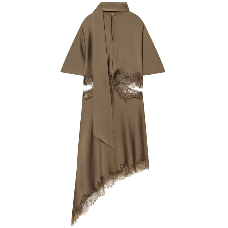 Robe asymétrique en satin et dentelle HXAO pour femme, collection été 2026, avec écharpe, manches courtes, découpes, style chic et élégant pour les soirées