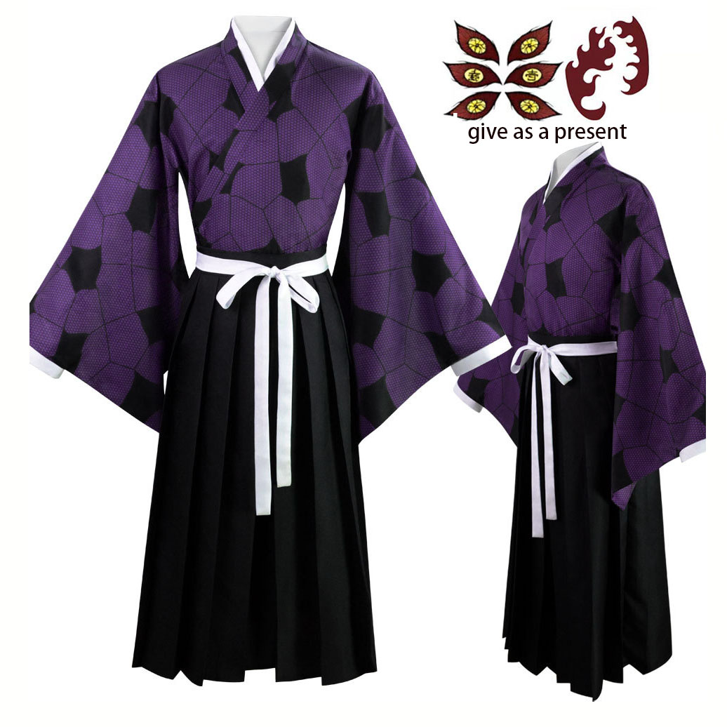 Tenue de cosplay Kokushibo Anime, Kimono violet imprimé, Haori noir, Hakama, Costume traditionnel pour événement cosplay