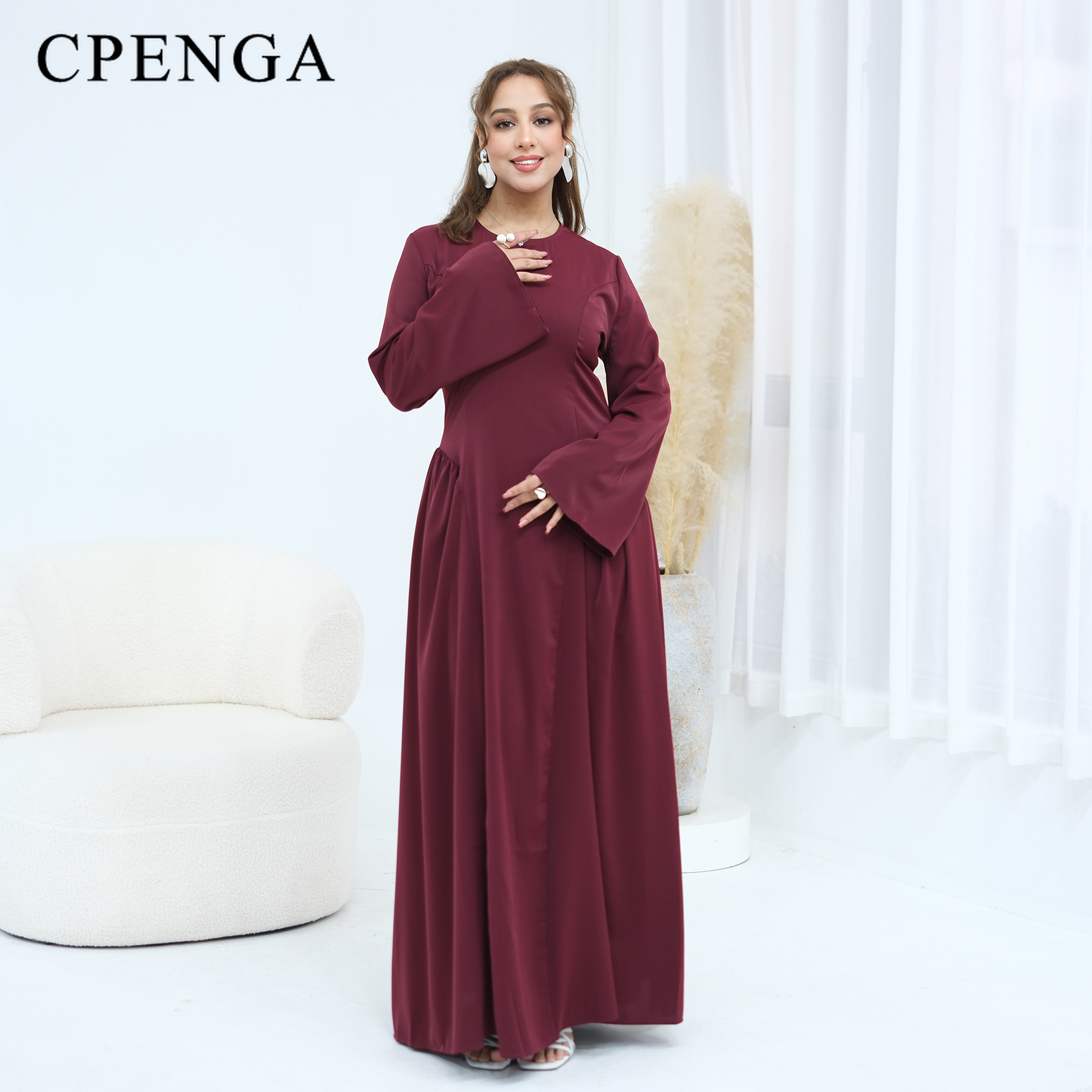 Abaya élégante et modeste pour femmes musulmanes, robe longue unie grande taille avec lien à la taille au dos, tenue islamique décontractée à manches longues pour le Ramadan