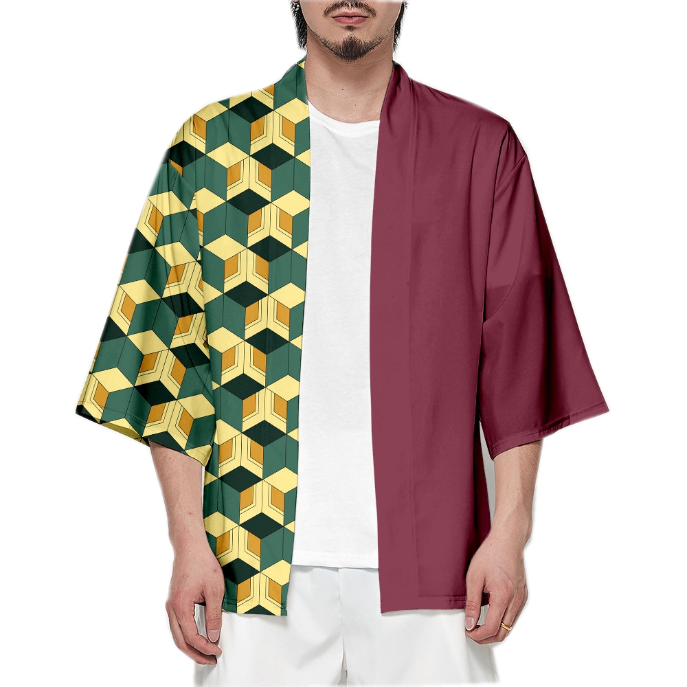 Cardigan Kimono rose pour femmes, personnage d'anime Kamade Zezeko, manteau d'été Kamado Tanjirou vert noir à carreaux pour hommes, manteau Haori japonais