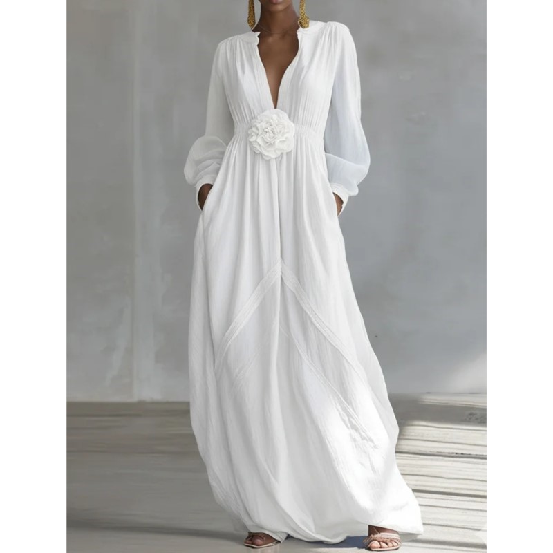 Robe longue bohème pour femme, col en V, manches longues, couleur unie, élégante et fluide, avec fleurs 3D, collection Printemps 2026
