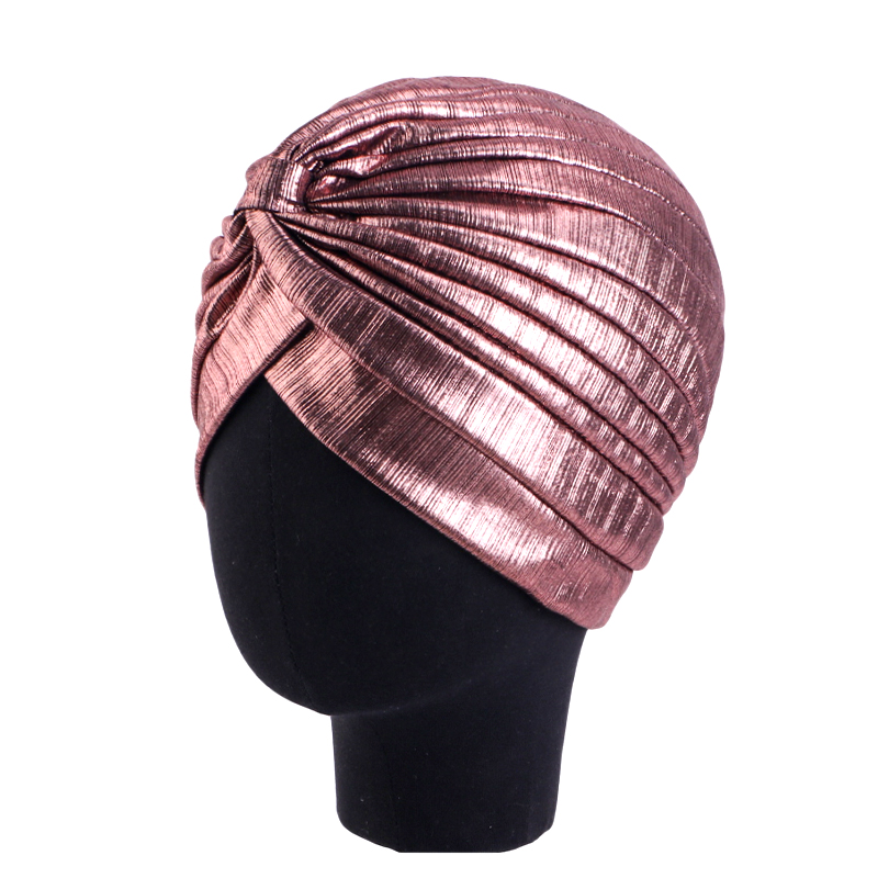 Turban à nœud métallique plissé pour femme, chapeau ethnique rétro, bonnets élastiques ronds et brillants, écharpe de tête, bonnet, bonnet chimio, nouveau