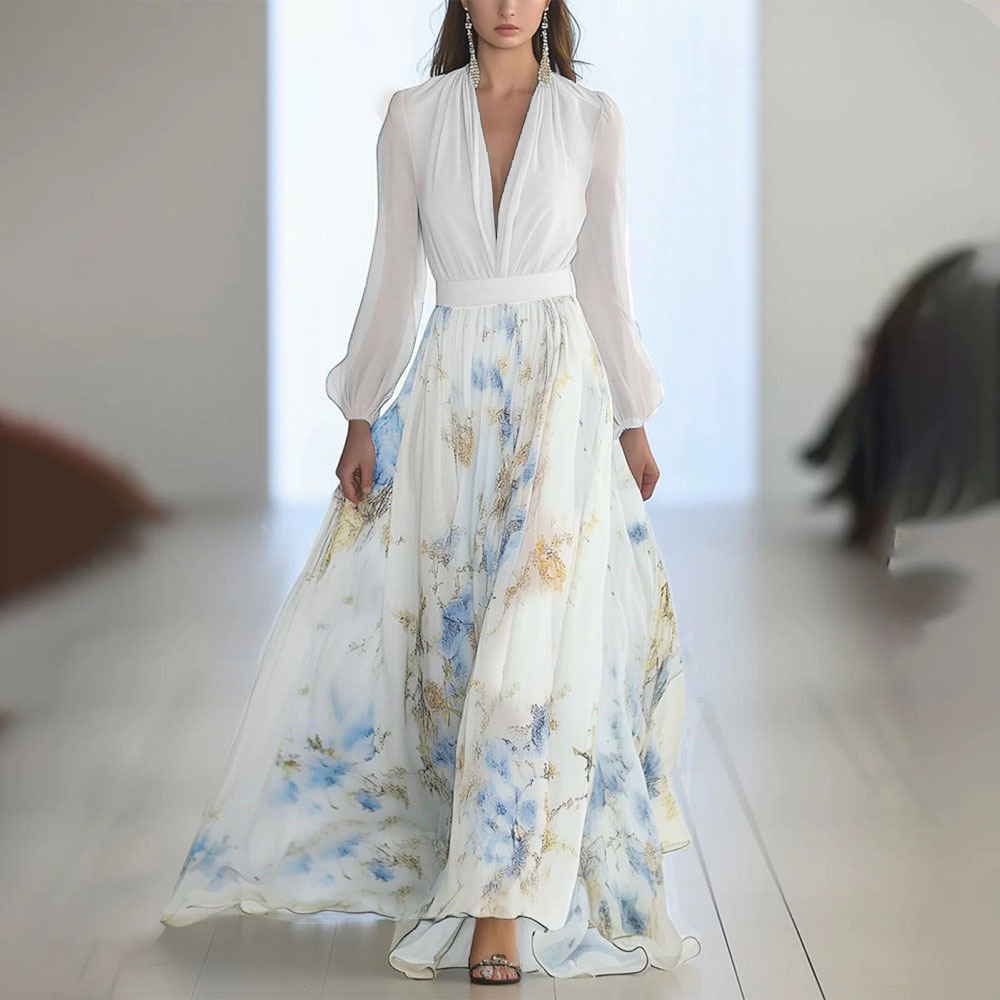 Robe Maxi élégante à manches longues pour femmes, mode d'été, Slim, imprimé Floral, col en v, robes longues blanches décontractées, 2025
