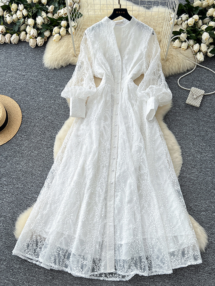 Nouvelle Robe Longue Élégante Française pour Femme, Col Montant, Boutonnage Simple, Taille Brodé, en Tulle, pour Fête d'Anniversaire S93