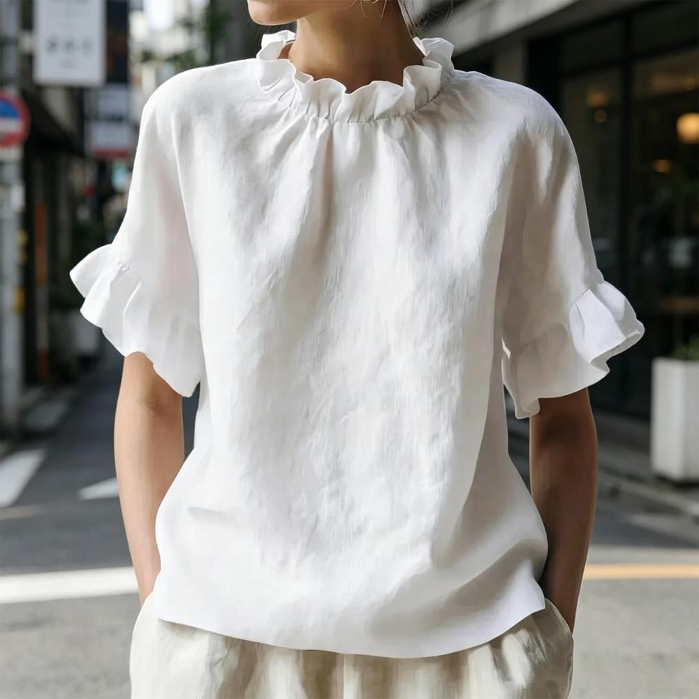 Chemisier pour femme couleur unie ample d'été à col rond et manches courtes avec design à volants, pull-over pour usage quotidien