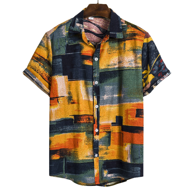 Chemise à manches courtes pour homme en coton et polyester, motif géométrique bohème 3D, style plage hawaïen, haut décontracté