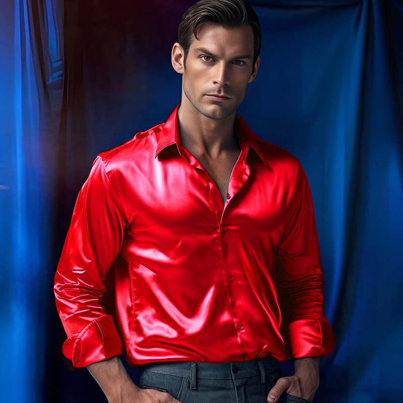 Chemise de luxe en Satin de soie pour hommes, manches longues, décontractée, coupe cintrée, pour bureau d'affaires, élégante, couleur unie, revers, fête de mariage, bal