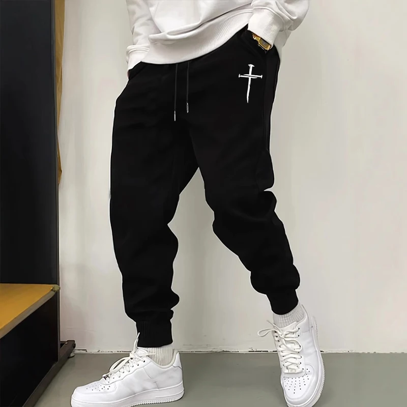 2025 nouveauté pantalons de survêtement pour hommes de haute qualité automne hiver quotidien sport décontracté pantalons de survêtement salle de sport mâle croix imprimé pantalon