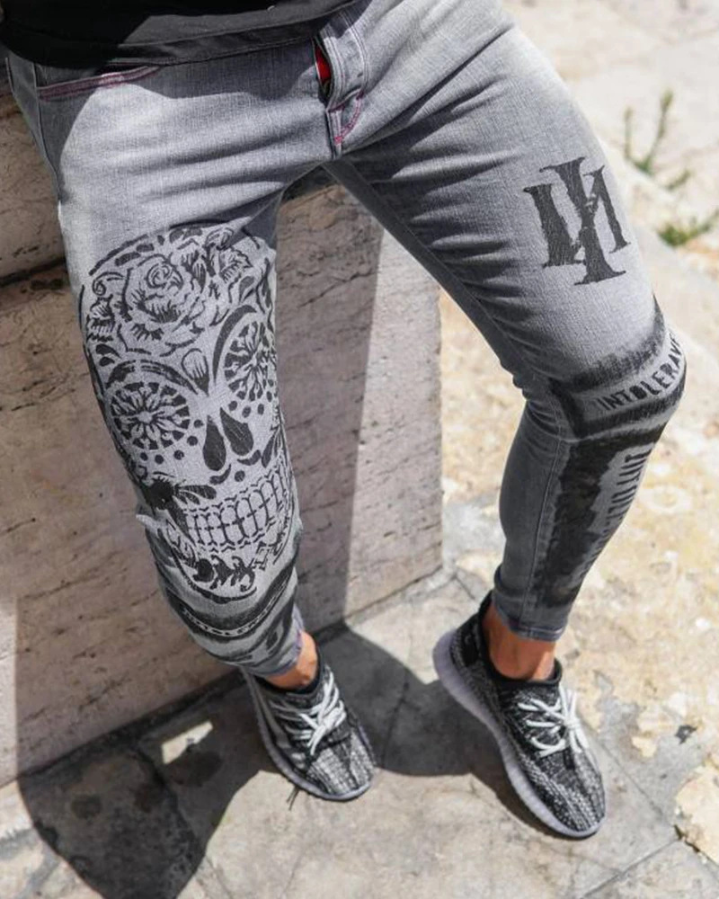 Jean extensible pour hommes à la mode pantalons décontractés mince imprimé gris jean hommes mode imprimé jean hommes crayon pantalon jean Slim hommes