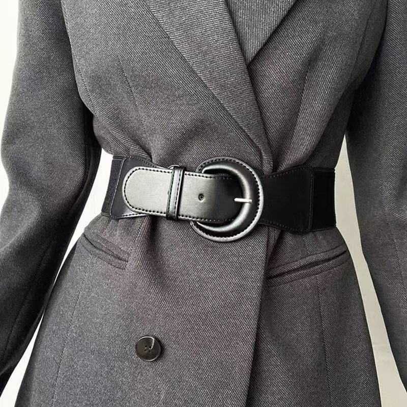 Ceinture pour femmes européennes et américaines-mode décorative manteau polyvalent costume ceinture élastique cuir noir en forme de D Be