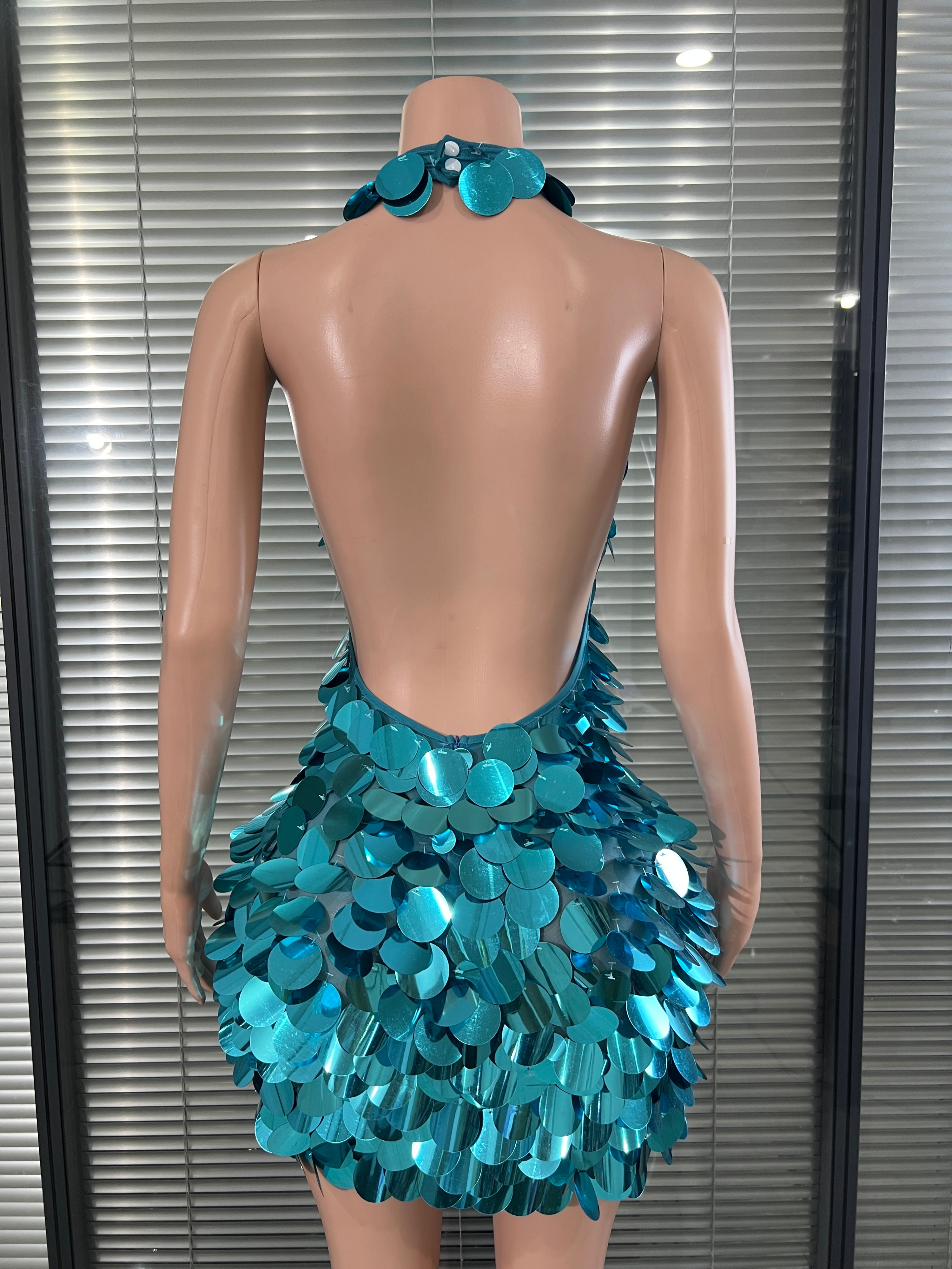 Robe luxueuse à paillettes turquoise pour femme, sans manches, moulante, jupe courte, robe de soirée, tenue de soirée pour invitées de festival