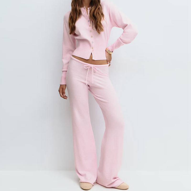 Ensemble 2 pièces pour femmes, vêtements de détente, pantalon, boutonné, manches longues, cardigan court, pull, taille basse, pantalon tricoté, tenues d'automne et d'hiver
