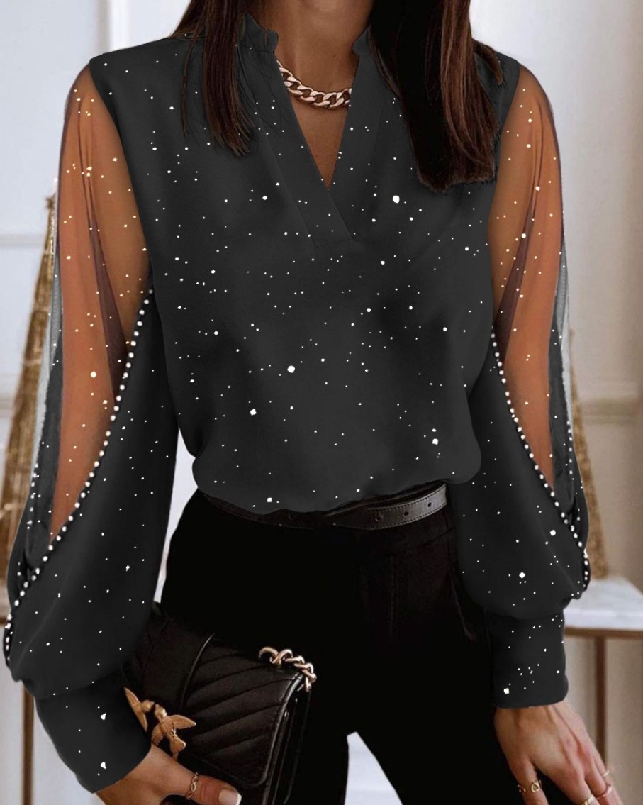 Chemisier pour femme à col en V avec manches longues en dentelle florale transparente et corps uni pour un look élégant au bureau ou en soirée