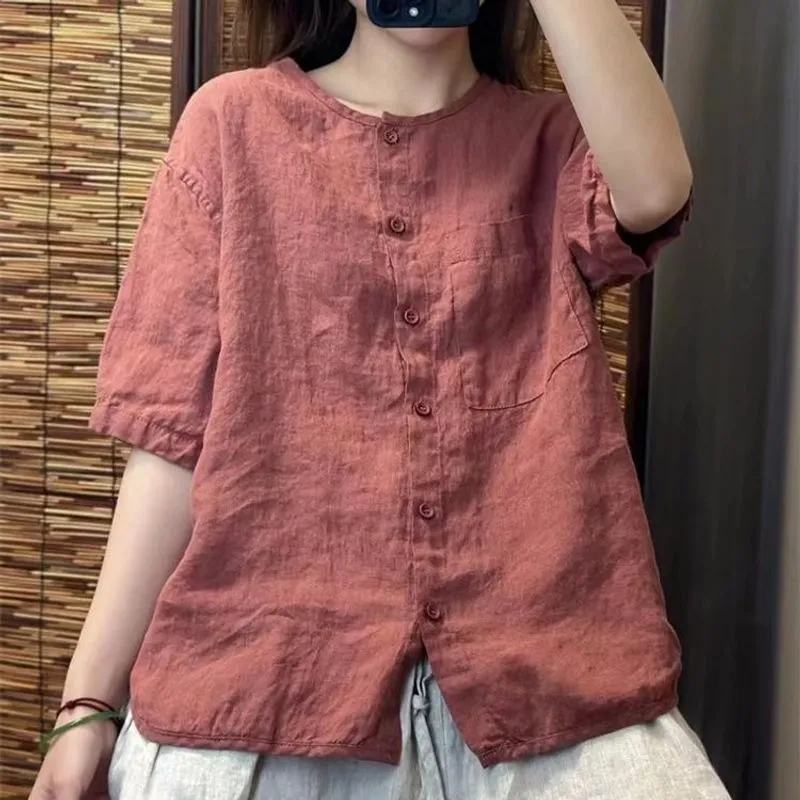 Chemise femme 2025 printemps été coton et lin col rond rétro dames Blouse solide réduction de l'âge dame Cardigan T-shirt
