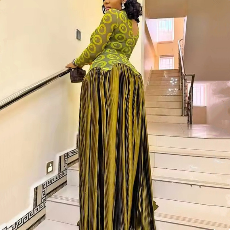 Nouvelle robe longue maxi plissée à manches longues et coupe évasée pour femme, imprimée, style africain, avec patchwork
