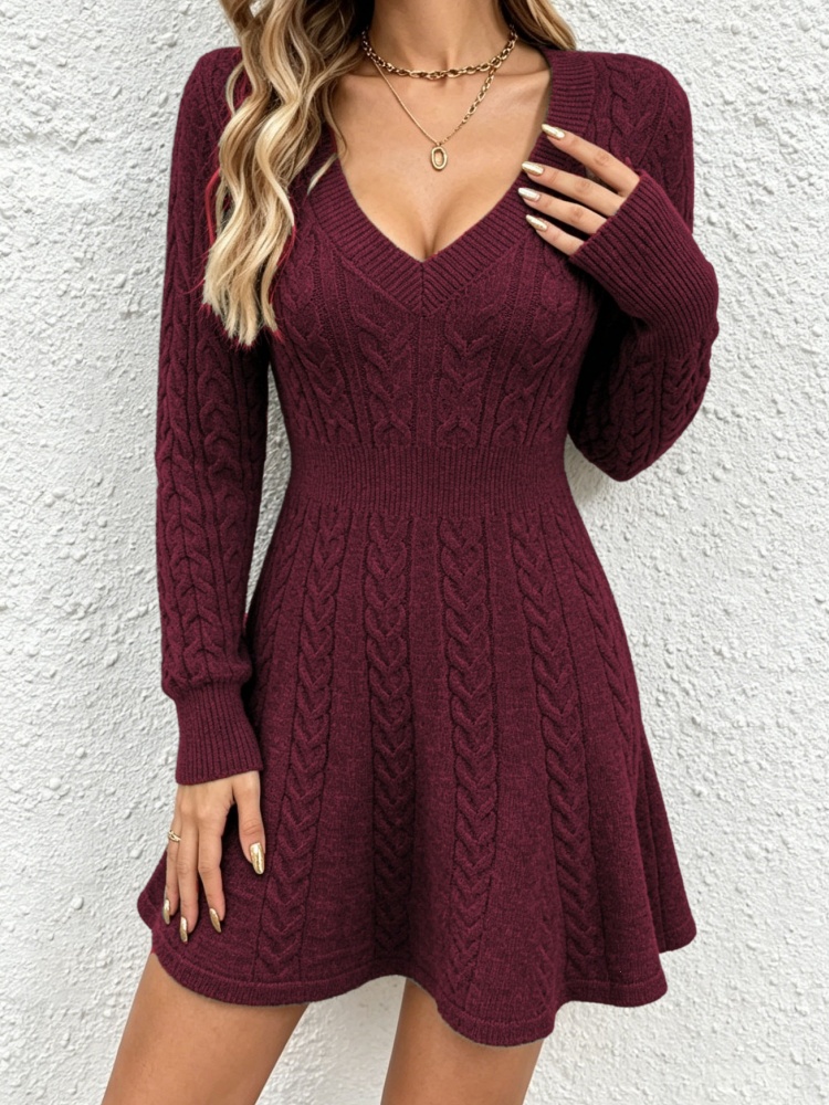 Robe pull tricotée décontractée à manches longues pour femme, élégante, col en V profond, taille haute, coupe ajustée, mini robe, tricot automne-hiver