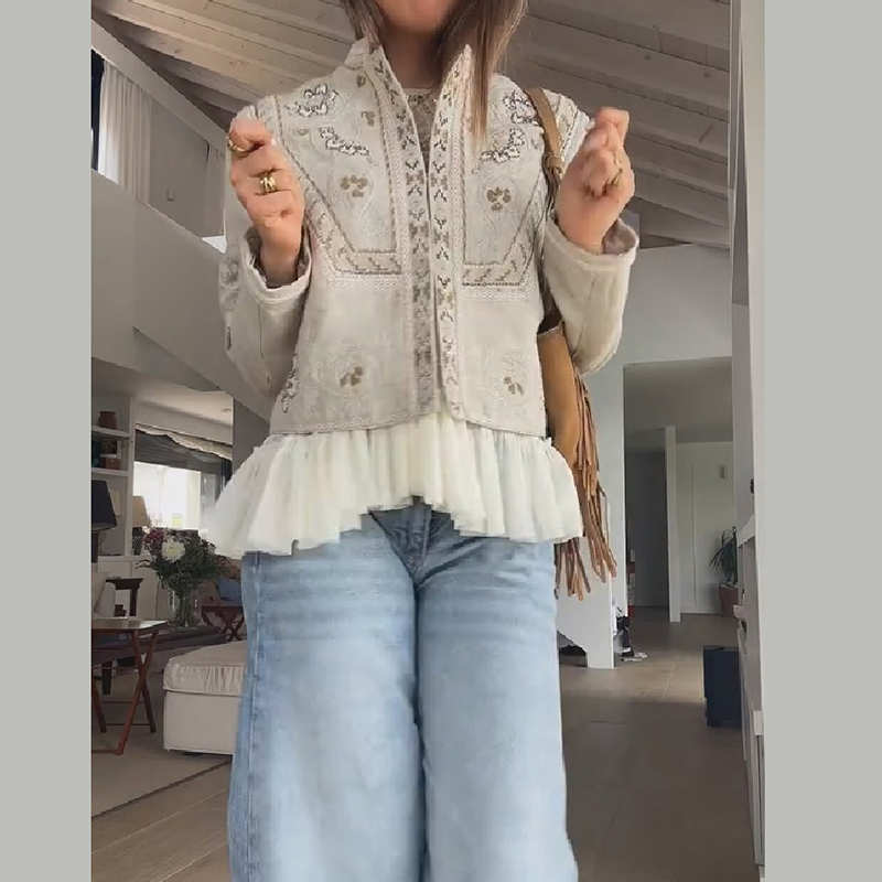 Manteau court élégant pour femme à col montant et manches longues, broderie florale vintage, veste décontractée pour rendez-vous