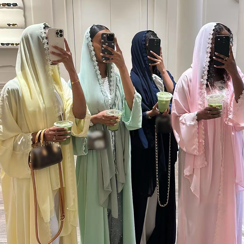 Ensemble Abaya Hijab pour Femmes, Robe en Dentelle, Jalabiya, Robes de Fête du Ramadan, Cardigan Musulman, Robe Marocaine, Abayas de Dubaï, Kaftan, Vestidos