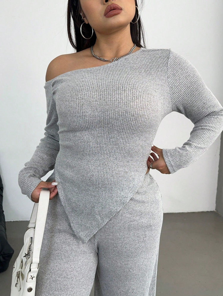 Grande taille Sexy Slash épaule à manches longues pantalons décontractés deux pièces ensemble banlieue Style loisirs couleur unie maison