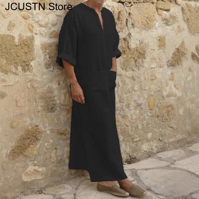 Grande taille hommes couleur unie Robe musulmane rétro arabe islamique Robe longue décontracté coton lin longue caftan moyen-orient vêtements islamiques