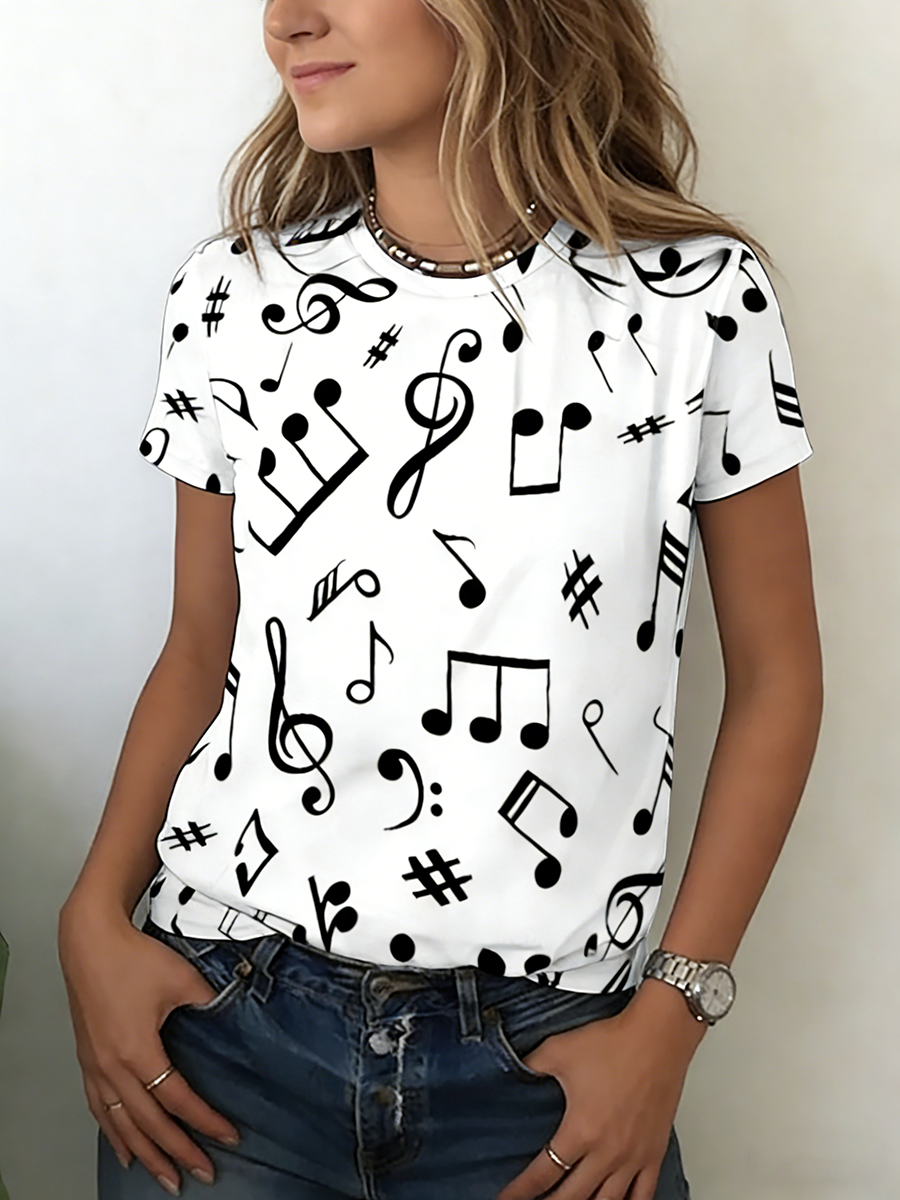 T-shirt pour femmes, imprimé notes de musique, manches courtes, col rond, coupe ample, décontracté, streetwear, haut polyvalent pour le printemps et l'été
