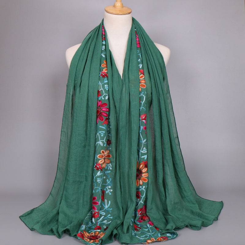 Foulard en Viscose brodé pour femme, châle en coton, point uni, fleur bleu marine, Hijab musulman, mode automne 2026