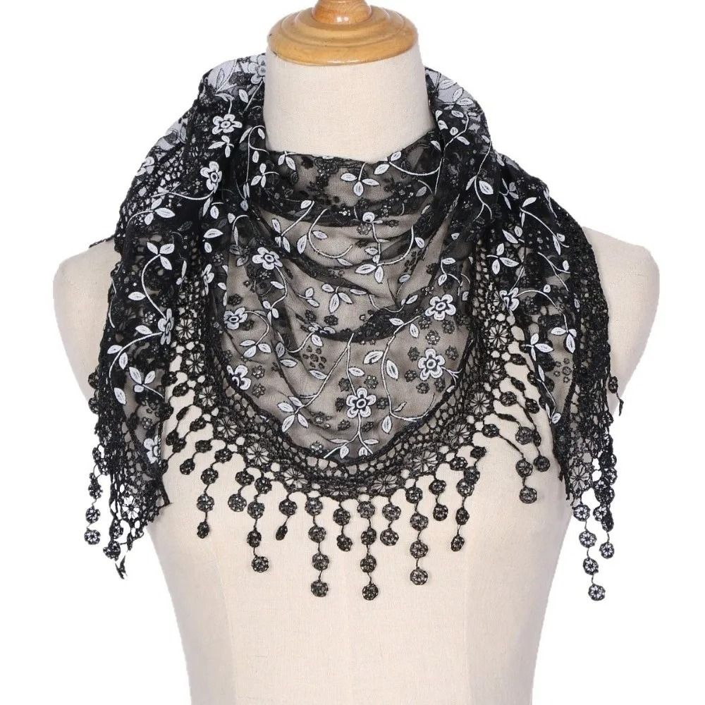 Écharpe triangulaire simple à imprimé floral en dentelle, foulard brodé de style ethnique, accessoires de voile, bandeau pour femme